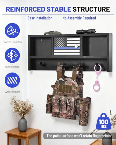 Police Gear Organizer Rack - Heavy Duty Metal Tactical Equipment Storage Stand with Lock, Wall Mount Hooks for Body Armor Vest, Duty Belt & Helmet (Law Enforcement/Military)