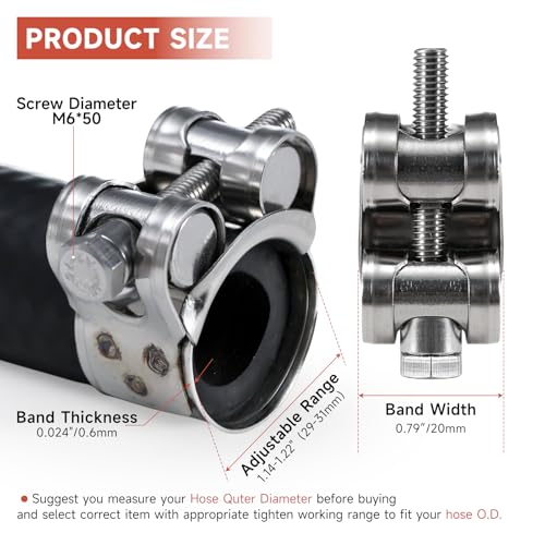 AKIHISA T-Bolt Hose Clamp,Adjustable Working Range 1.14" to 1.22"(29-31mm),304 Stainless Steel Hose Clamps Turbo Intake Clamp for Automotive, Turbo Tubes, Intercooler Pipes(2 Pack) - size: 29-31mm 2pack