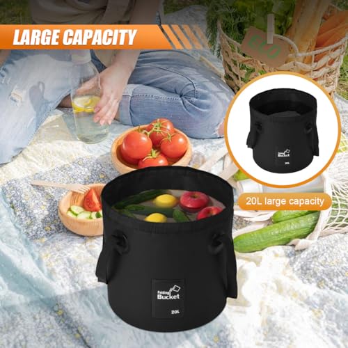 Collapsible Bucket Water Container with Handle - 5 Gallon 20L Multifunctional Portable Wash Basin - Foldable Water Bucket for Camping Fishing Hiking Gardening Car Washing&Outdoor Use (Black)