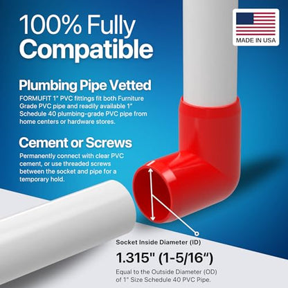 1” 90 Degree Elbow Furniture Grade PVC Fitting in Red, Made in USA, UV-Resistant, Impact-Proof, 1.315” Actual Socket Diameter (Pack of 4) - F00190E-RD-4 - color: Red