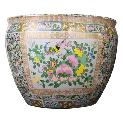 Large Porcelain Floral Rose Medallion Fishbowl Cachepot Planter