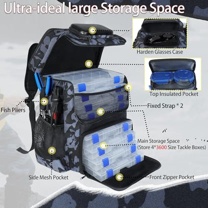 Fishing Backpack with Rod Holder, Large 50L Tackle Bag Water Resistant Tackle Backpack Heavy Duty Fishing Bag Gift for Men Woman