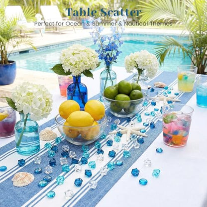 DomeStar 150PCS Assorted Blue Fake Ice Rocks Vase Fillers, Aquarium Gravels Small Stones for Fish Tanks Decorations Home Table Scatter
