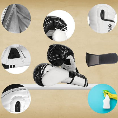 Boxing Gloves & Muay Thai Shin Guards for Men and Women, MMA Kickboxing Shin Pads Set, Adjustable Shin Guards with Instep Protection, Sparring & Martial Arts Training Gear - color: White-Gray, size: 12 oz