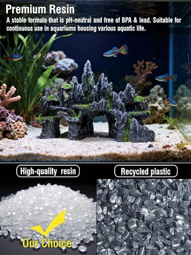 Large Fish Tank Decoration - Mountain View Aquarium Ornament Accessories with Tree House,Caves,Hideout,Hideaway,for 40 Gallon Fish Tank, Artificial Rock aquascaping Fish Tank Décor