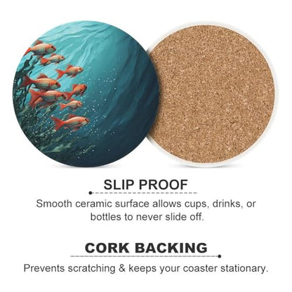 Drink Coasters Set of 6 Absorbent Round Ceramic Coasters for Coffee Fish Aquarium Table Coasters with Cork Base Tabletop Protection Mat for Home Office Kitchen