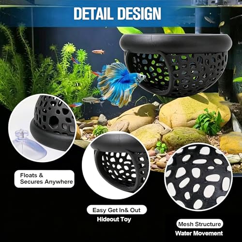 Black Multi-Functional Betta Hammock Feeding Bed, Floating or Suction Cup Mount, Adjustable Resting Spot & Hideout, for Betta Fish & Shrimp