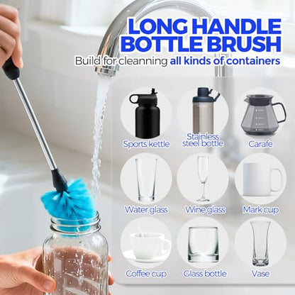 Holikme 6 Pack Bottle Brush Set, 14.5" Long Handle Stainless Steel Bottle Cleaner Brush, Long-Handled 6-in-1 Stainless Steel Bottle Brushes for Water Bottle, Cups, Abrasive Wheel Brushes, Blue