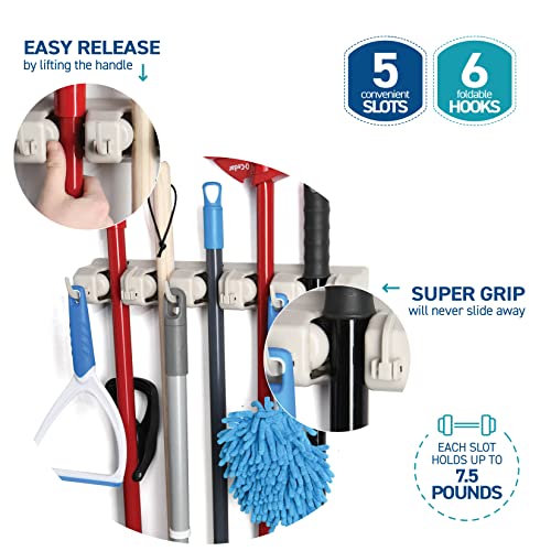 HOME IT Mop and Broom Holder Wall Mount Hanger, Heavy Duty 5 Slots 4Hooks - color: Off-White, size: 1 Pack 5-position, 6-Hooks