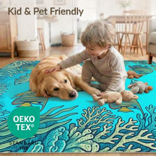 4'x6' Washable Modern Fish Area Rug, Turquoise Flatwoven Floor Mat Non-Slip Chair-Friendly Carpet for Home Office, Gaming Room, Under Desk | Ref:1909343