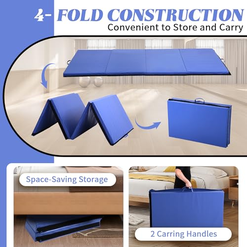 4'x10'x2" 4-Panel Folding Gymnastics Mat, 2-Inch Thick PU Leather Tumbling Mat with Carrying Handles for Exercise, Yoga, Cheerleading, Martial Arts & Home Workouts - color: Blue