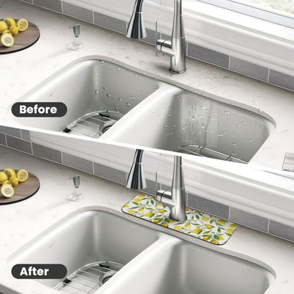 Yellow Lemon Teal Kitchen Sink Splash Guard Faucet Mat 1 Pcs, Absorbent Fast Drying Mat Gadgets Splash Guard For Bathroom 15 X 5.5 Inches