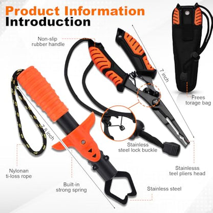 14 Pcs Fishing Tool Kit, Fishing Pliers, Retractable Landing Net, Lip Gripper, Fillet Knife, Digital Scale, Hook Remover, Scaler, Braid Scissors, Sharpener, Tool Retractor Accessories