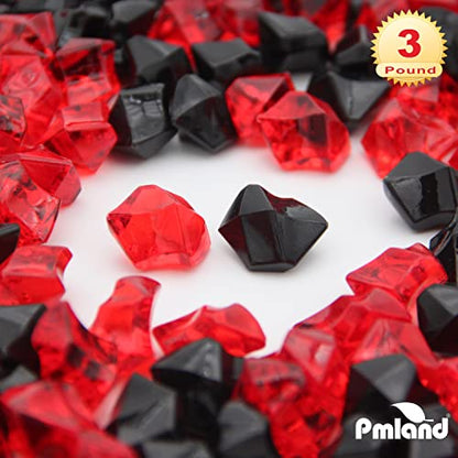 Clear Fake Ice Rocks – 550 Pcs Large Acrylic Gems Crushed Plastic Diamonds, Black & Red (3Lbs/2.25 Quarts) – Bulk Vase Filler for Centerpieces Theme Décor Aquarium Table Scatter