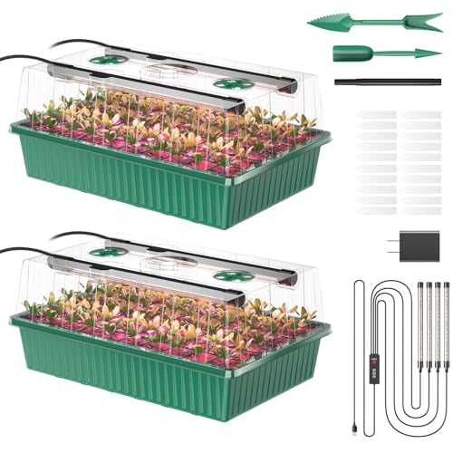 Seed Starter Tray, 120-Cells Seed Starter Kit with Grow Light, 2 Pack Reusable Seeding Starter Trays with Air Vent Humidity Domes for Greenhouse Gardening Indoor Planting Growing (Green Base)