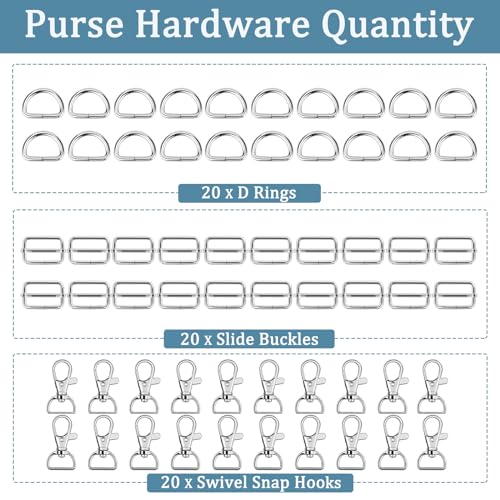 Hysagtek 60 Pcs Purse Hardware for Bag Making - Swivel Snap Hooks, D Ring, Slide Buckle, Bag Hardware Supplies for Handbag Fasteners, Strap, Backpack DIY Craft Accessories, 1 Inch, Silver - color: Silver