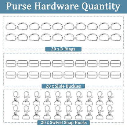 Hysagtek 60 Pcs Purse Hardware for Bag Making - Swivel Snap Hooks, D Ring, Slide Buckle, Bag Hardware Supplies for Handbag Fasteners, Strap, Backpack DIY Craft Accessories, 1 Inch, Silver - color: Silver
