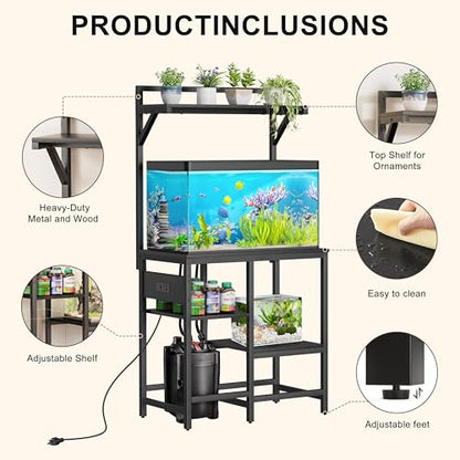 20-29 Gallon Fish Tank Stand, Aquarium Stand with Power Outlet, Heavy-Duty Reptile Terrarium Stand Table with Top Shelf for 20 Gal Long/High/Extra Long & 29 Gal, 30.7"L x 15.3"W x 30"H (Black) - size: 20-29 Gallon