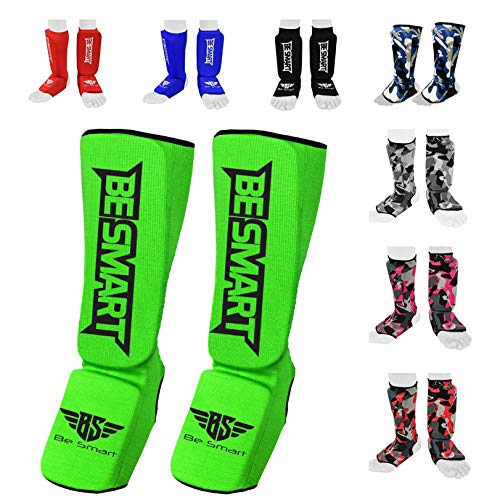 Be Smart Kids, Adults, Youth, Men and Women Muay Thai MMA Kickboxing Shin Guards, Instep Guard Training, Sparring Protective Gear Equipment Shin Kick Pads - color: Green, size: XXS ( 9 to 13 Years )