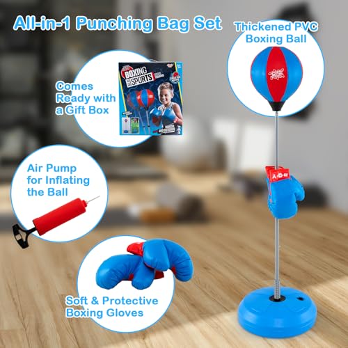 Goplus Punching Bag for Kids, Height Adjustable Kids Workout Equipment with Boxing Stand, Boxing Gloves, Inflator for Teens Adults Boys & Girls Aged 8+, Reflex Bag for Christmas Birthday