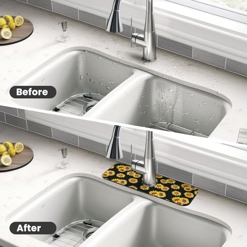 Faucet Draining Mat For Kitchen Sink, Sunflower Flower Black Diatom Mud Absorbent Drain Pad For Bathroom Kitchen Sink Splash Guard Drying Mat - color: Sunflower Flower Black