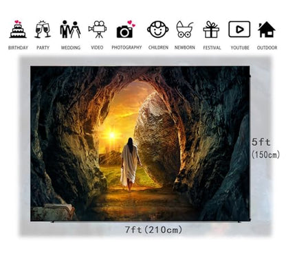 7x5ft He is Risen Resurrection Backdrop Jesus Leaving Tomb Christian Easter Photography Background for Church Sunday Service Religious Photo Decor 296