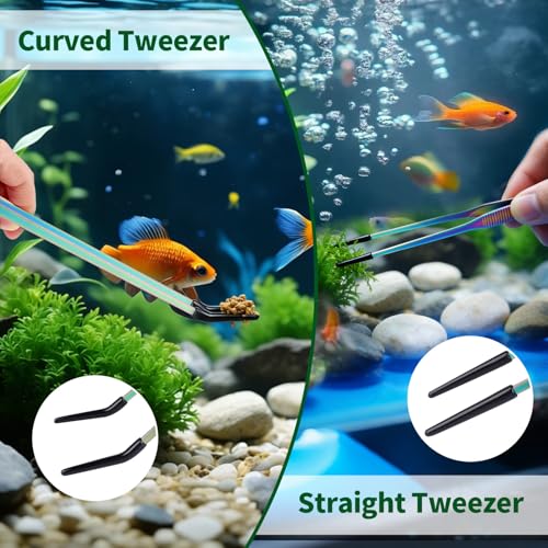 2 Pack Stainless Steel Reptile Feeding Tongs with Rubber Tip, 10.6" Straight & Curved Tweezers, for Aquarium or Craft, Planted Tank, Terrarium Tank, Feeder for Beard Dragons, Lizard and Snakes