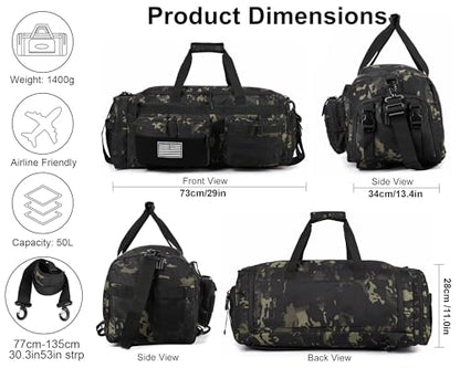 LHI 50L Tactical Duffle Bag for Men, 3-in-1 Gym Duffle and Backpack, Shoe Compartment, Laptop Sleeve and MOLLE, Carry-On Travel Weekender and Overnight Bag – Black CP Camo - color: Black CP Camo