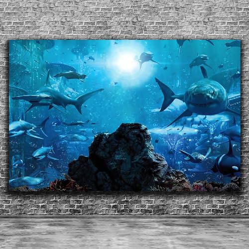 15x8ft Fabric Shark Theme Backdrop Deep-sea Ocean Shark Reef Aquarium Photography Background Birthday Theme Party Decoration Banner Kid Diver Portrait Photo Studio Props - size: 15x8 FT
