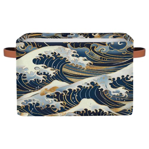 Ocean Waves Japanese Storage Basket with Handles Collapsible Storage Bins Rectangular Toy Storage Organizer Box Fabric Shelf Baskets for Nursery Bedroom Bathroom 1PC