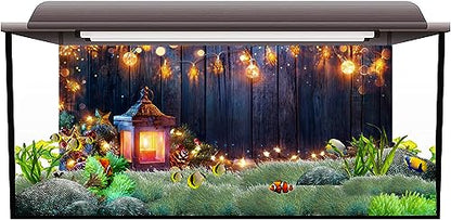 AWERT 48x18 inches Christmas Terrarium Background Brown Vintage Plank Christmas Lights Pine Branch Aquarium Background Vinyl Background