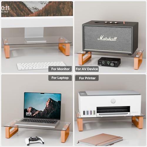 Multi-Purpose Desktop Stand, Clear Floating Computer Monitor Riser with Natural Wood Base, Desk Organization Shelf for Printer, Laptop, Audio Device, Flat Screen - color: Beech&Clear