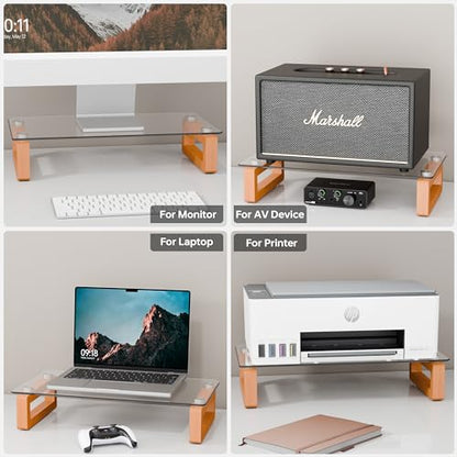 Multi-Purpose Desktop Stand, Clear Floating Computer Monitor Riser with Natural Wood Base, Desk Organization Shelf for Printer, Laptop, Audio Device, Flat Screen - color: Beech&Clear