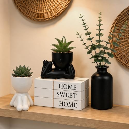 4PCS Farmhouse Home Decor Set, 3Pcs Faux Books + 2Pcs Fake Succulents Plants + 1Pcs Ceramic Vase with 5Pcs Eucalyptus Stems, for Room Shelf Table Decor Aesthetic Indoor