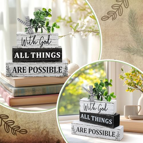 4 Pcs Farmhouse Wooden Tabletop Decor Christian Tiered Tray Decor Eucalyptus Leaves Wooden Block Sign Gift Summer Home Centerpiece Table Decoration - style: Christian