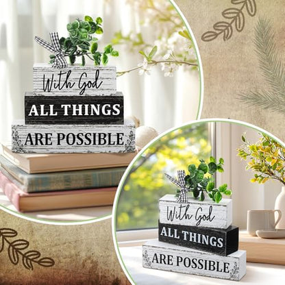 4 Pcs Farmhouse Wooden Tabletop Decor Christian Tiered Tray Decor Eucalyptus Leaves Wooden Block Sign Gift Summer Home Centerpiece Table Decoration - style: Christian