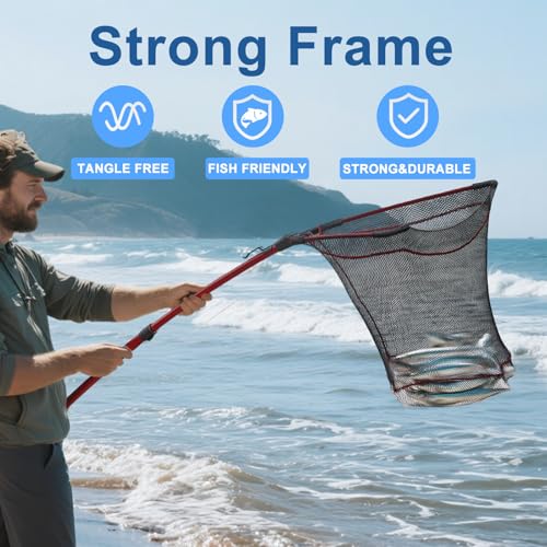 Keenorika Foldable Fishing Landing Net with Telescopic Handle, 29-82 Inches Extendable Fish Net for Trout, Bass and Catfish, Lightweight Honeycomb Mesh Fishing Net for Freshwater Saltwater Fishing