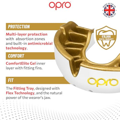 OPRO Gold Level Moldable Mouth Guard, Premium Fit (White/Gold) Adult & Kids - color: White/Gold, size: Adult (Age 10+)