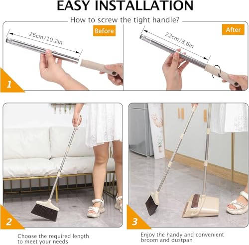 Broom and Dustpan Set with Long Handle, Light Weight Stainless Steel Poles Stand Upright Dustpans with Broom Combo for Home Kitchen Office Pet Dog Hair, Brown & Beige Color, 1-Pack - color: Beige