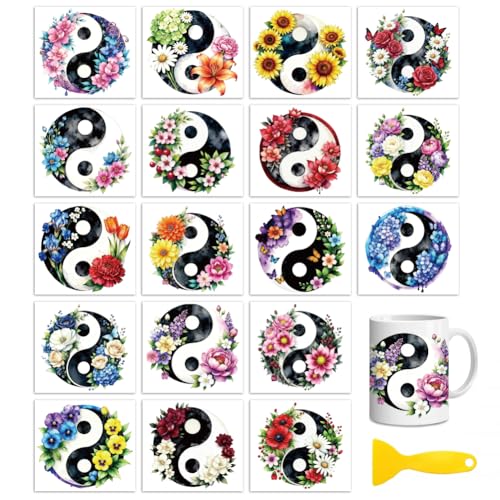 Peacoblue 18 Sheets Rub on Transfers for Crafts, Yin Yang with Sunflower and Daisy 3.6"x3.9" UV DTF Cup Wraps Waterproof Cold Transfers Stickers for Wood Glass Cup Tumblers Mirrors Mugs Home Decor - style: Yin Yang with Sunflower and Daisy