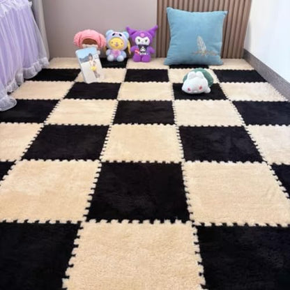 10 Pieces Plush Puzzle Play Mat 12''x12''x0.4'' Interlocking EVA Foam Mats,Shaggy Fluffy Carpet Floor Tiles Non-Slip Protective Floor Area Rug (Beige Black) - color: Beige Black