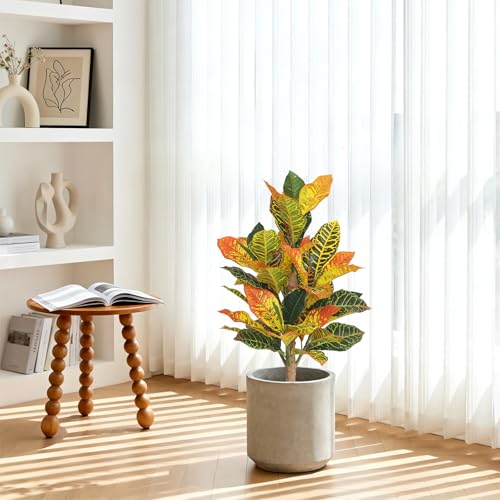 UV-Resistance 35inch Artificial Croton Plant, 2 Pack Fake Croton with Ground Spike, Faux Fiddle Leaf Fig Tree for Outdoor Home Decor