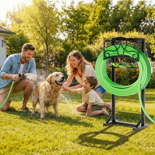 Heavy-Duty Garden Hose Holder with Storage Basket and Tool Hooks, Stable Hose Hanger Metal Garden Hose Storage Holds 160Ft, Rustproof Freestanding Water Hose Holder for Outside,Yard,Lawn,Farm - size: Holder+Basket 42.1in
