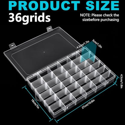 Clear Visible Plastic Storage Box with Removable Dividers, 36 Grids, Suitable for Jewelry, Screws Hardware Accessories Organizer, Crafts, Fishing Tackle