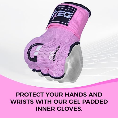 DEFY Padded Inner Gloves Quick 75cm Long Strap – Inner Boxing Gloves Gel Padded Knuckle Protection – Elasticated Boxing Hand Wraps for MMA Muay Thai Kickboxing Martial Arts Pair - color: Pink, size: X-Large