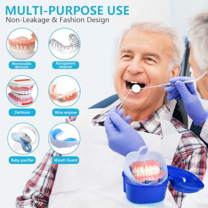 KISEER 2 Pack Colors Denture Bath Case Cup Box Holder Storage Soak Container with Strainer Basket for Travel Cleaning (White and Blue) - color: White and Blue