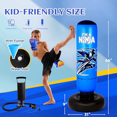 Onirii 66 Inch Kids Punching Bag Toy with Boxing Gloves - color: NEW Ninja Blue