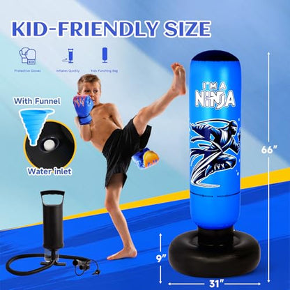 Onirii 66 Inch Kids Punching Bag Toy with Boxing Gloves - color: NEW Ninja Blue