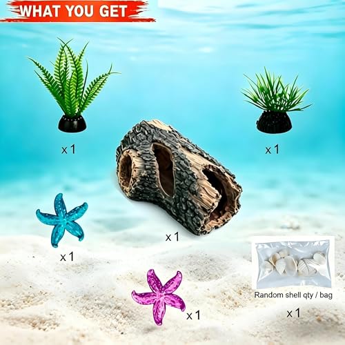 Fish Tank Decorations Set - Aquarium Decor Accessories with Aquarium Plants, Resin Hollow Tree Trunk Cave Hideout, Some Artificial Starfish & Shell Ornaments for Betta Fish Tanks