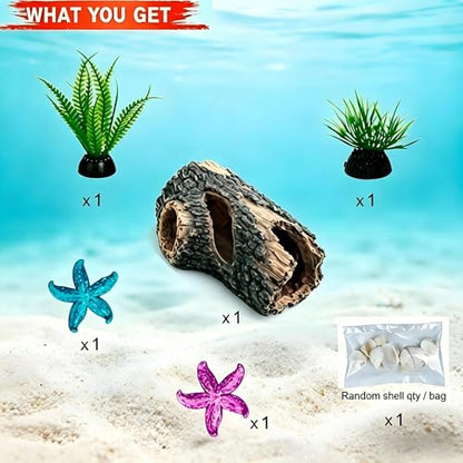 Fish Tank Decorations Set - Aquarium Decor Accessories with Aquarium Plants, Resin Hollow Tree Trunk Cave Hideout, Some Artificial Starfish & Shell Ornaments for Betta Fish Tanks